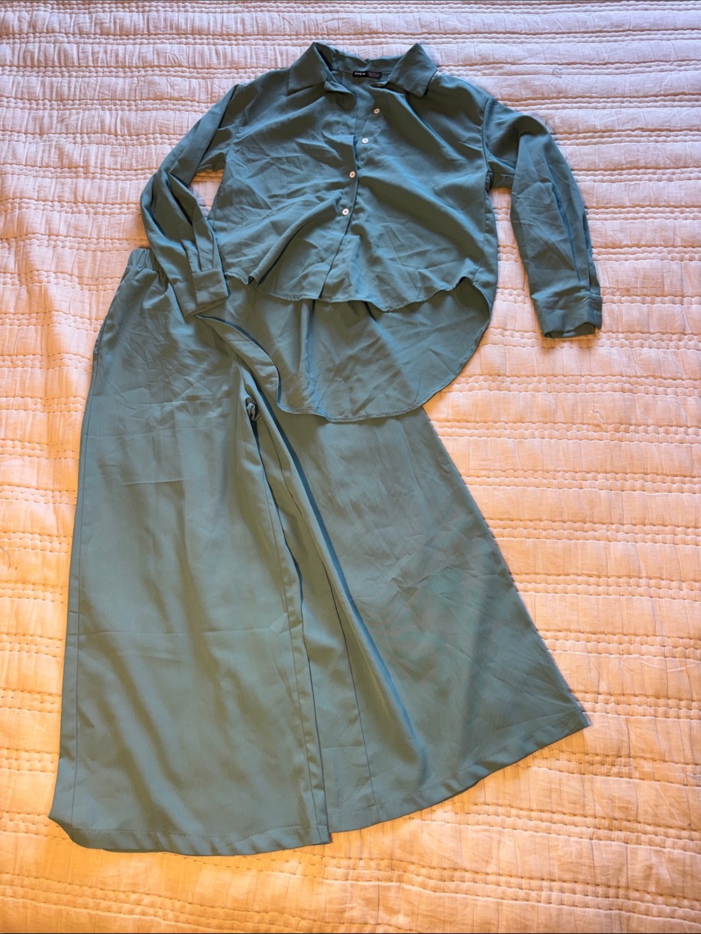 Women's Two-Piece Button Shirt & Maxi Skirt Set in Sage Green/Blue